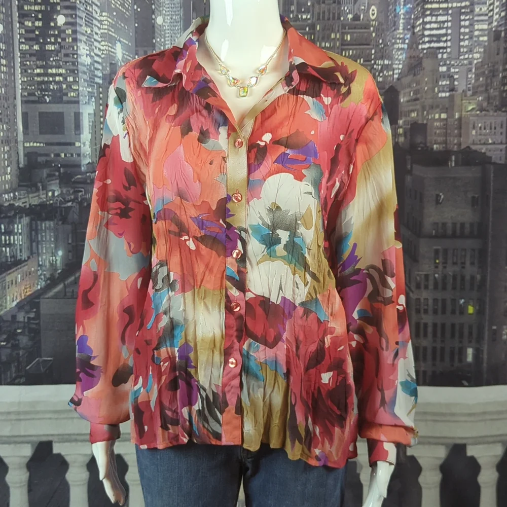 Jordan Blue Label Sz M Button Down Vintage Floral Crinkle Blouse